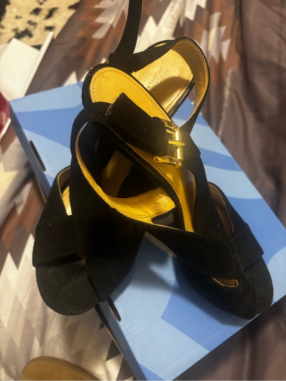 Michael Kors Black Suede Heeled Sandals with Gold Lining